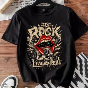 Casual Loose Rock Müzik Dudaklar Grafik Baskılı Yuvarlak Yaka Kısa Kollu Kadın Tişör