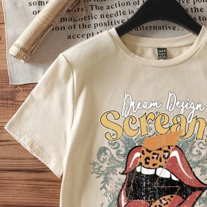 Casual Loose Rock Müzik Dudaklar Grafik Baskılı Yuvarlak Yaka Kısa Kollu Kadın Tişör