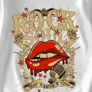Casual Loose Rock Müzik Dudaklar Grafik Baskılı Yuvarlak Yaka Kısa Kollu Kadın Tişör
