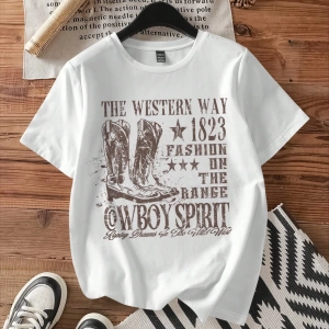 Casual Loose The Western War Baskılı Desen Yuvarlak Yaka Kısa Kollu Bol Kadın Tişö