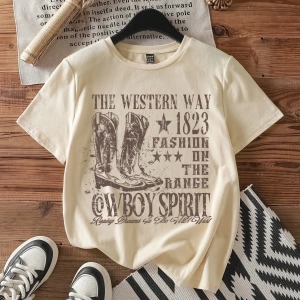 Casual Loose The Western War Baskılı Desen Yuvarlak Yaka Kısa Kollu Bol Kadın Tişö