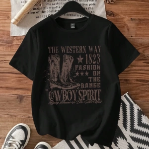Casual Loose The Western War Baskılı Desen Yuvarlak Yaka Kısa Kollu Bol Kadın Tişö