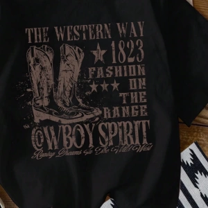 Casual Loose The Western War Baskılı Desen Yuvarlak Yaka Kısa Kollu Bol Kadın Tişö