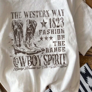 Casual Loose The Western War Baskılı Desen Yuvarlak Yaka Kısa Kollu Bol Kadın Tişö