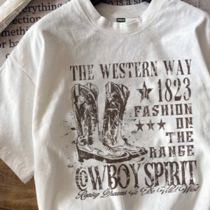 Casual Loose The Western War Baskılı Desen Yuvarlak Yaka Kısa Kollu Bol Kadın Tişö