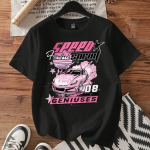 Casual Loose Vintage Araba Grafik Yuvarlak Yaka Kısa Kollu Kadın Tişörtü, Yaz İçin U