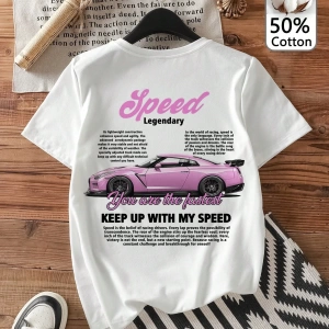 Casual Loose Vintage Araba Grafik Yuvarlak Yaka Kısa Kollu Kadın Tişörtü, Yaz İçin U