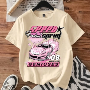 Casual Loose Vintage Araba Grafik Yuvarlak Yaka Kısa Kollu Kadın Tişörtü, Yaz İçin U