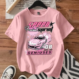Casual Loose Vintage Araba Grafik Yuvarlak Yaka Kısa Kollu Kadın Tişörtü, Yaz İçin U