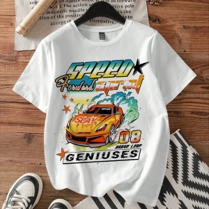 Casual Loose Vintage Araba Grafik Yuvarlak Yaka Kısa Kollu Kadın Tişörtü, Yaz İçin U