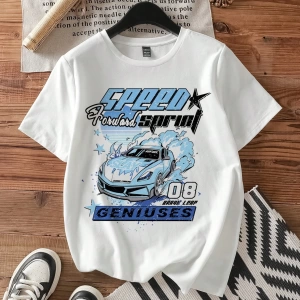 Casual Loose Vintage Araba Grafik Yuvarlak Yaka Kısa Kollu Kadın Tişörtü, Yaz İçin U