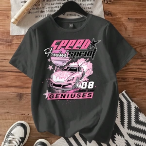 Casual Loose Vintage Araba Grafik Yuvarlak Yaka Kısa Kollu Kadın Tişörtü, Yaz İçin U