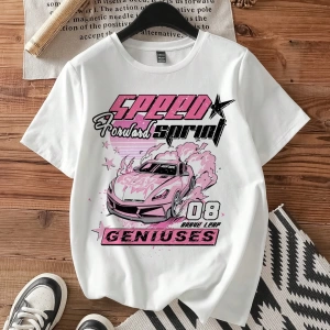 Casual Loose Vintage Araba Grafik Yuvarlak Yaka Kısa Kollu Kadın Tişörtü, Yaz İçin U