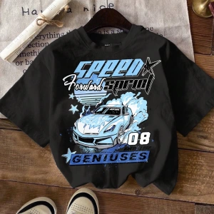 Casual Loose Vintage Araba Grafik Yuvarlak Yaka Kısa Kollu Kadın Tişörtü, Yaz İçin U