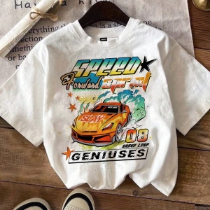 Casual Loose Vintage Araba Grafik Yuvarlak Yaka Kısa Kollu Kadın Tişörtü, Yaz İçin U