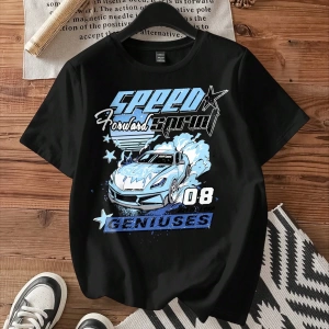 Casual Loose Vintage Araba Grafik Yuvarlak Yaka Kısa Kollu Kadın Tişörtü, Yaz İçin U