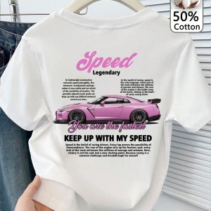 Casual Loose Vintage Araba Grafik Yuvarlak Yaka Kısa Kollu Kadın Tişörtü, Yaz İçin U