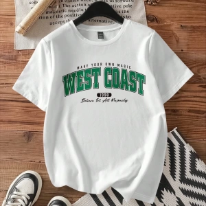 Casual Loose West Coast English Graphic Yuvarlak Yaka Kısa Kollu Tişört Kadınlar İçi