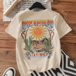 Casual Minimalist Kaktüs Desen Yuvarlak Yaka Kısa Kollu Bol Kadın Tişörtü, Yaz, Pamu