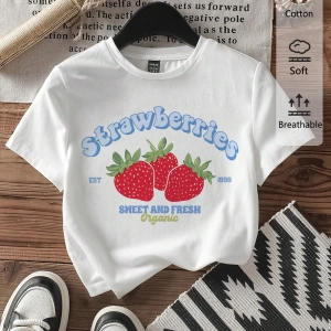 Casual Minimalist Kiraz Desenli Yuvarlak Yaka Kısa Kollu Dar Kesim Kadın Tişörtü, Ya