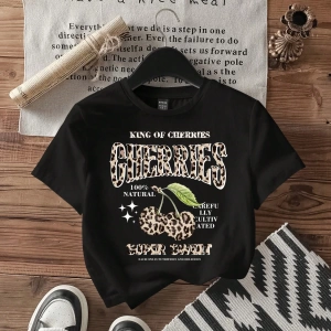 Casual Minimalist Kiraz Desenli Yuvarlak Yaka Kısa Kollu Dar Kesim Kadın Tişörtü, Ya