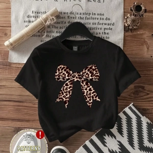 Casual Minimalist Leopar Desenli Fiyonk Dekor Yuvarlak Yaka Kısa Kollu Fitted Kırpıl