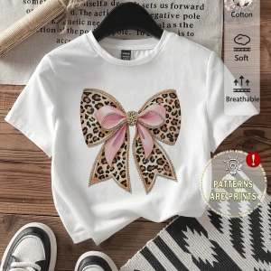 Casual Minimalist Leopar Desenli Fiyonk Dekor Yuvarlak Yaka Kısa Kollu Fitted Kırpıl