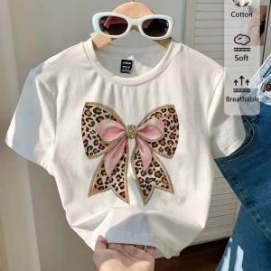 Casual Minimalist Leopar Desenli Fiyonk Dekor Yuvarlak Yaka Kısa Kollu Fitted Kırpıl
