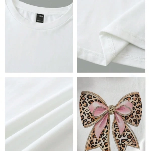 Casual Minimalist Leopar Desenli Fiyonk Dekor Yuvarlak Yaka Kısa Kollu Fitted Kırpıl