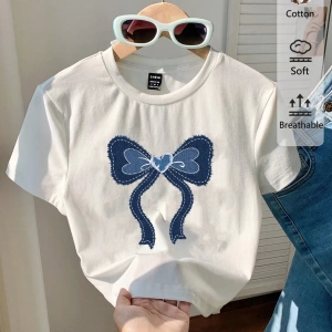 Casual Minimalist Leopar Desenli Fiyonk Dekor Yuvarlak Yaka Kısa Kollu Fitted Kırpıl