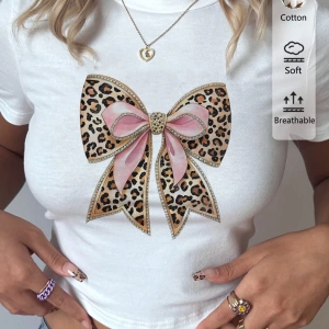 Casual Minimalist Leopar Desenli Fiyonk Dekor Yuvarlak Yaka Kısa Kollu Fitted Kırpıl