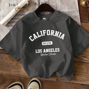 Casual Minimalist Letter Print Loose Fit Yuvarlak Yaka Kısa Kollu Tişört Kadınlar İç