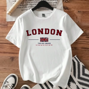 Casual Minimalist Londra Bayrağı Baskılı Bol Kesim Yuvarlak Yaka Kısa Kollu Tişö