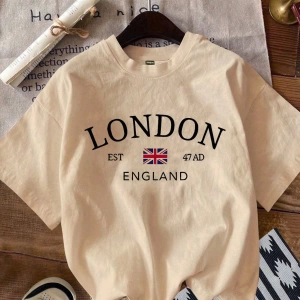 Casual Minimalist Londra Bayrağı Baskılı Bol Kesim Yuvarlak Yaka Kısa Kollu Tişö