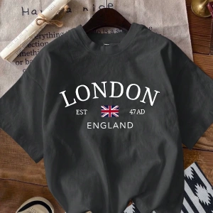 Casual Minimalist Londra Bayrağı Baskılı Bol Kesim Yuvarlak Yaka Kısa Kollu Tişö