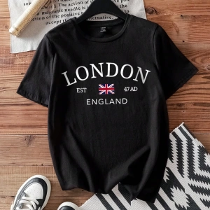 Casual Minimalist Londra Bayrağı Baskılı Bol Kesim Yuvarlak Yaka Kısa Kollu Tişö