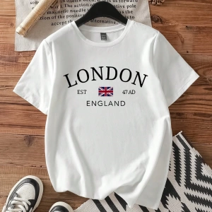 Casual Minimalist Londra Bayrağı Baskılı Bol Kesim Yuvarlak Yaka Kısa Kollu Tişö