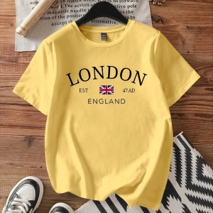 Casual Minimalist Londra Bayrağı Baskılı Bol Kesim Yuvarlak Yaka Kısa Kollu Tişö