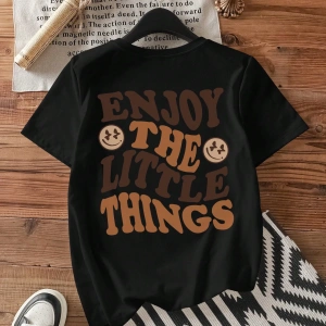 Casual Oversized ENJOY Grafik Yuvarlak Yaka Kısa Kollu Tişört Kadınlar İçin, Yaz İ