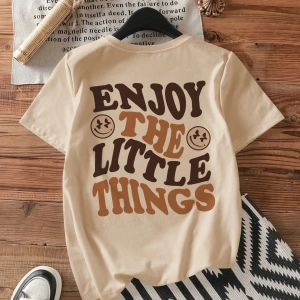 Casual Oversized ENJOY Grafik Yuvarlak Yaka Kısa Kollu Tişört Kadınlar İçin, Yaz İ