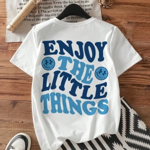 Casual Oversized ENJOY Grafik Yuvarlak Yaka Kısa Kollu Tişört Kadınlar İçin, Yaz İ