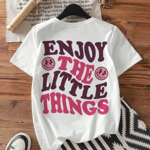 Casual Oversized ENJOY Grafik Yuvarlak Yaka Kısa Kollu Tişört Kadınlar İçin, Yaz İ