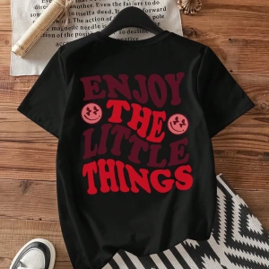 Casual Oversized ENJOY Grafik Yuvarlak Yaka Kısa Kollu Tişört Kadınlar İçin, Yaz İ