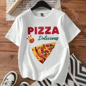 Casual Pizza Grafik Beyaz Yuvarlak Yaka Kısa Kollu Fitted Kadın Tişörtü, Pamuk Yaz İ