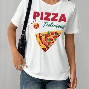 Casual Pizza Grafik Beyaz Yuvarlak Yaka Kısa Kollu Fitted Kadın Tişörtü, Pamuk Yaz İ