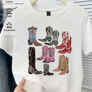 Casual Renkli Botlar Grafik Slim Fit Mürettebat Yaka Kısa Kollu Kadın Tişörtü, Yaz Ret