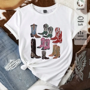 Casual Renkli Botlar Grafik Slim Fit Mürettebat Yaka Kısa Kollu Kadın Tişörtü, Yaz Ret