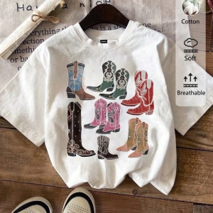 Casual Renkli Botlar Grafik Slim Fit Mürettebat Yaka Kısa Kollu Kadın Tişörtü, Yaz Ret