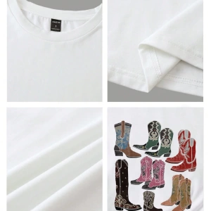 Casual Renkli Botlar Grafik Slim Fit Mürettebat Yaka Kısa Kollu Kadın Tişörtü, Yaz Ret