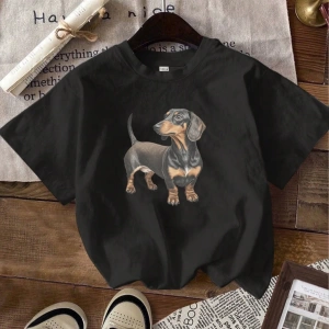 Casual Retro Dachshund Grafik Yuvarlak Yaka Kısa Kollu Dar Kesim Kadın Tişörtü,